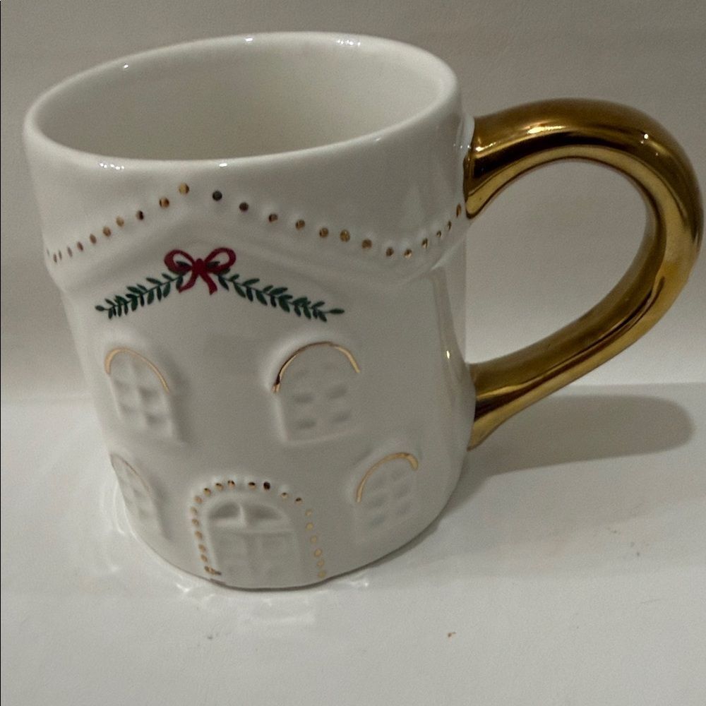 Festive Voice Christmas White Gold Home Holiday Mug 3 1/2 In Round X4 In Tall